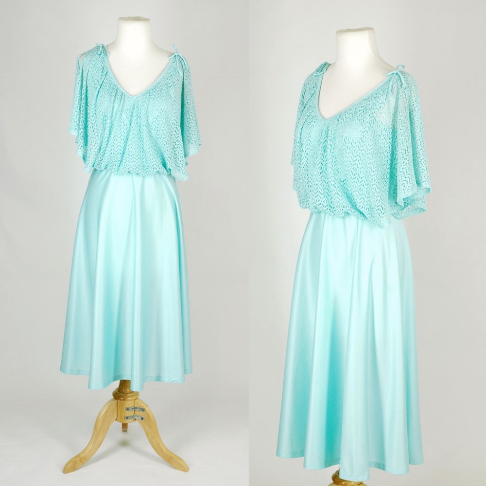 Vintage 70s Aqua Mint Flowy Midi Dress Small